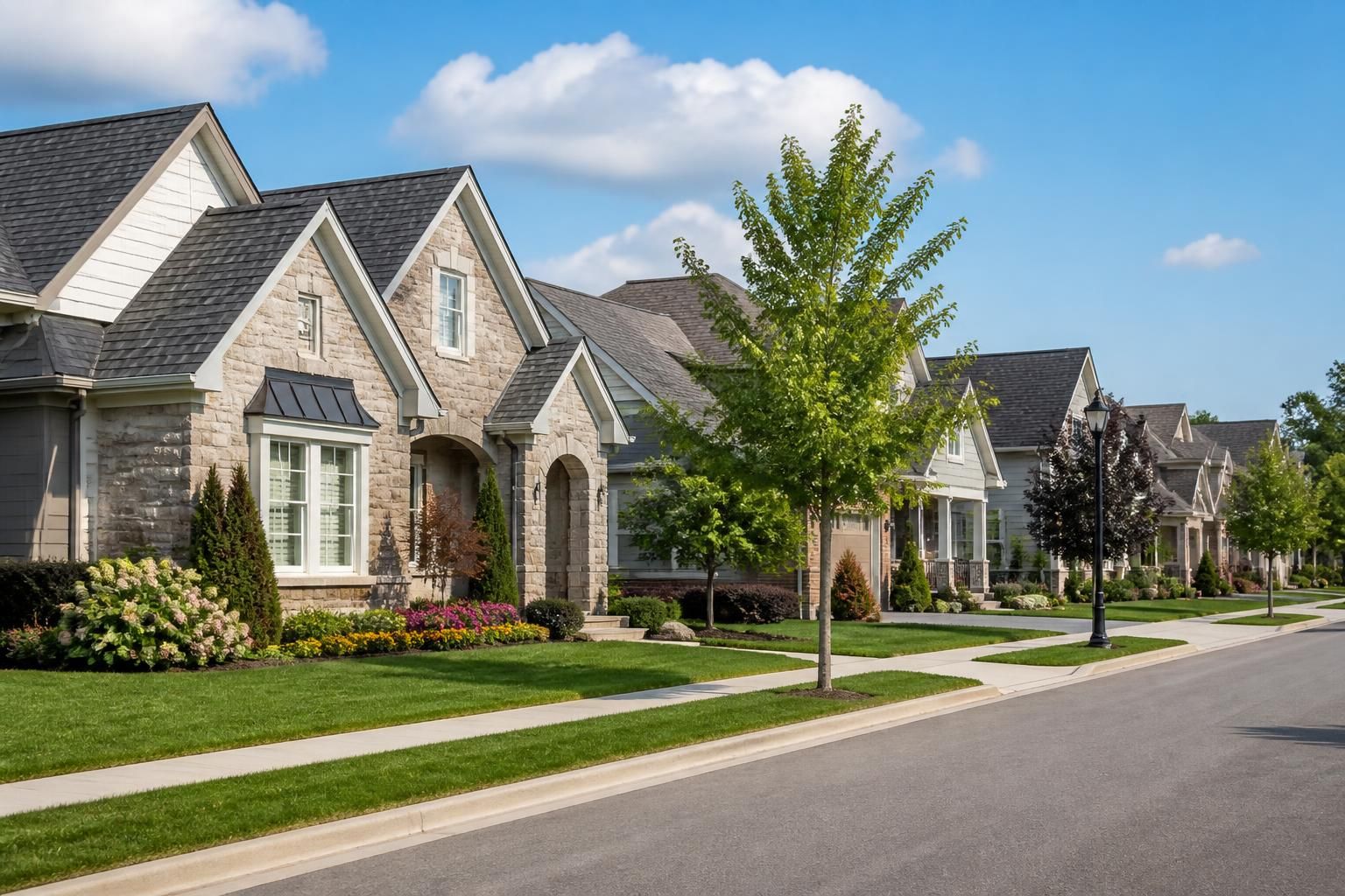 Neighborhood street with tidy homes and visible rooflines.
