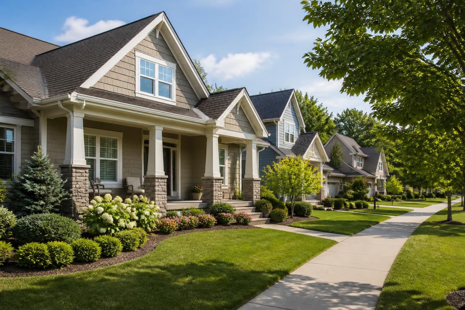 Suburban neighborhood with well-kept homes and rooflines.