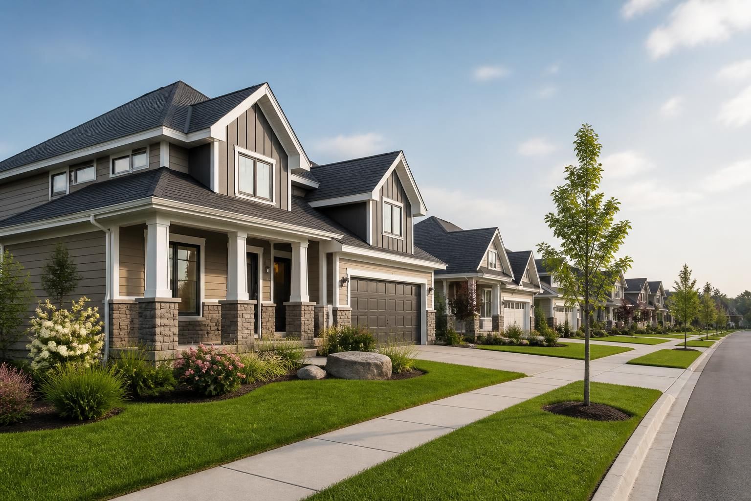Modern neighborhood with crisp rooflines and manicured lawns.