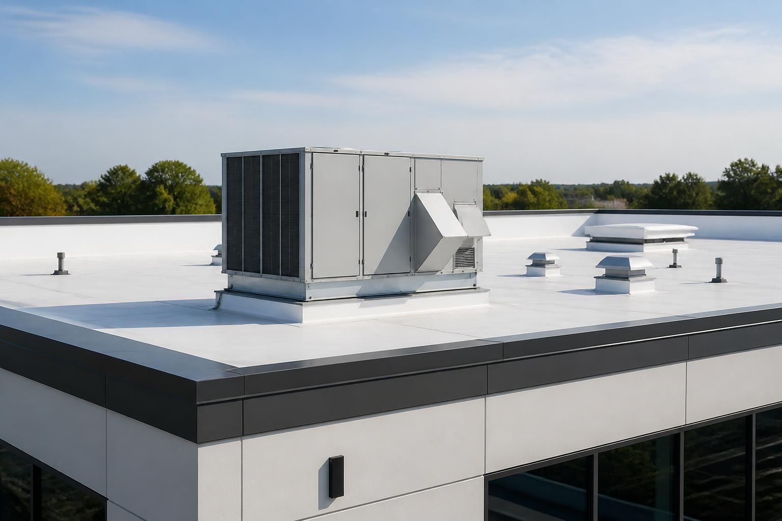 Commercial building roof with clean orderly roof lines.