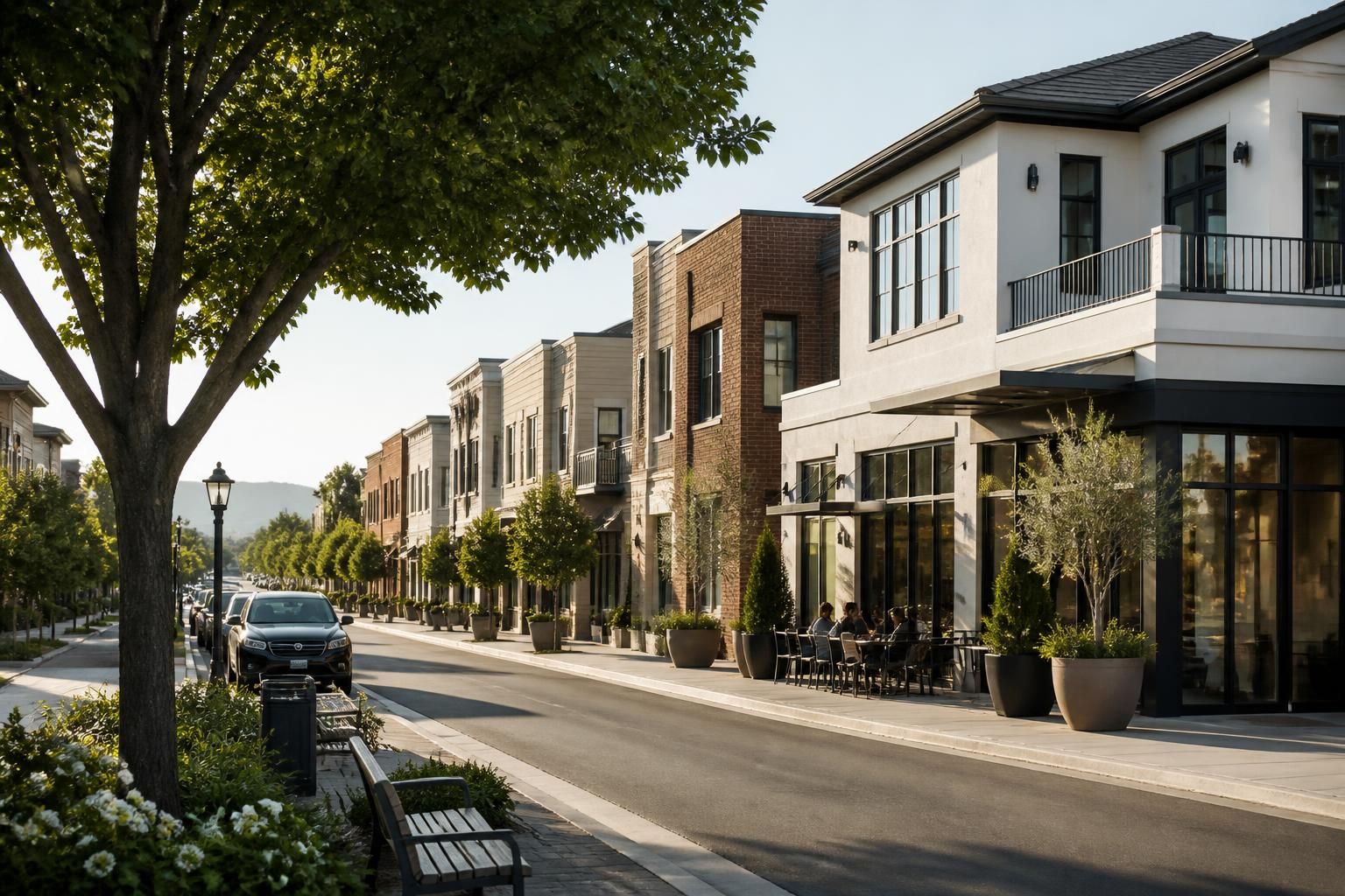 Mixed streetscape with clean rooftops and natural light.
