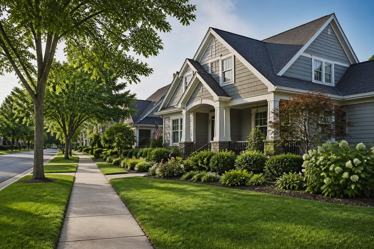 Residential neighborhood with trees, homes, and rooflines.
