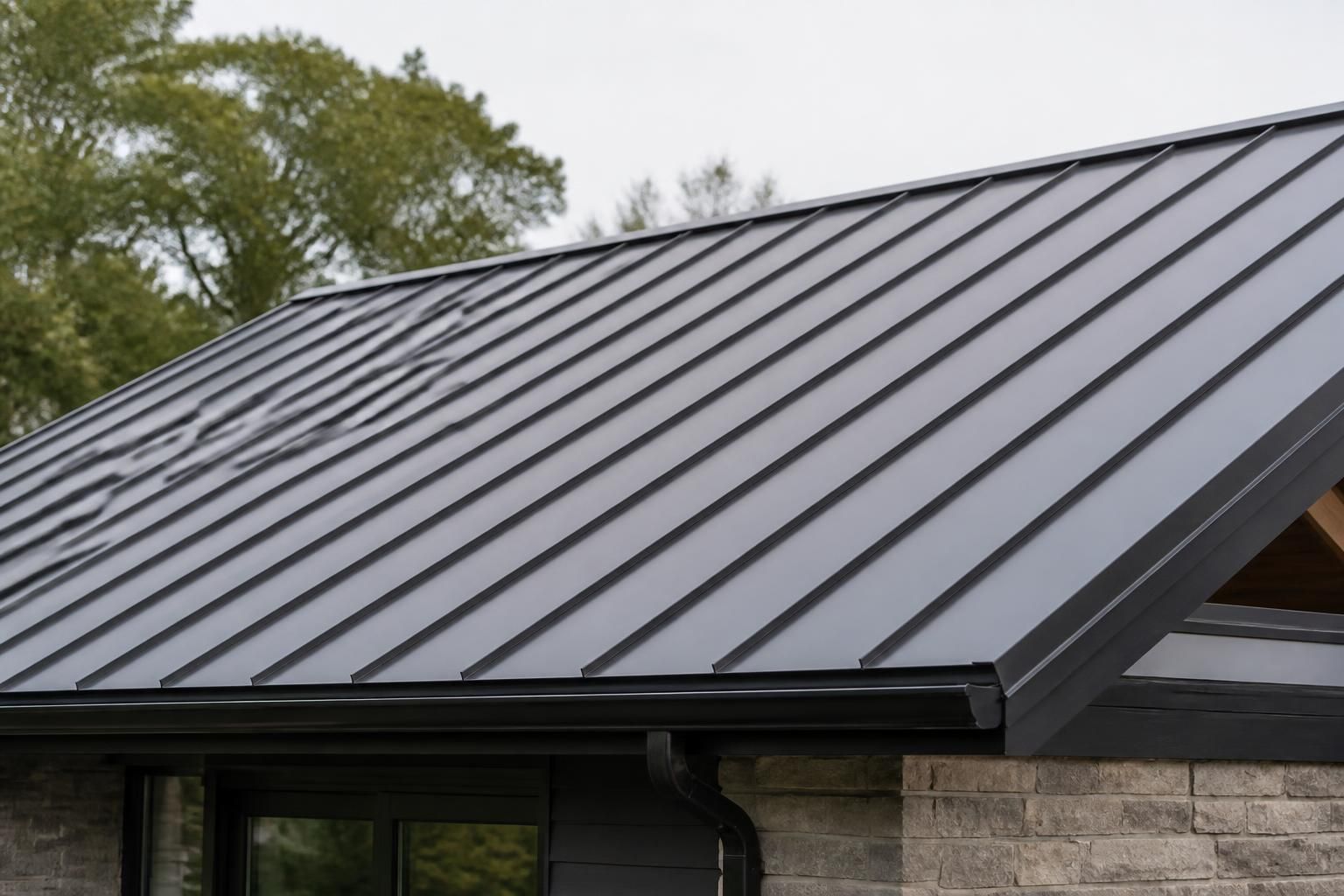 Finished metal roof with clean seams and subtle reflections.