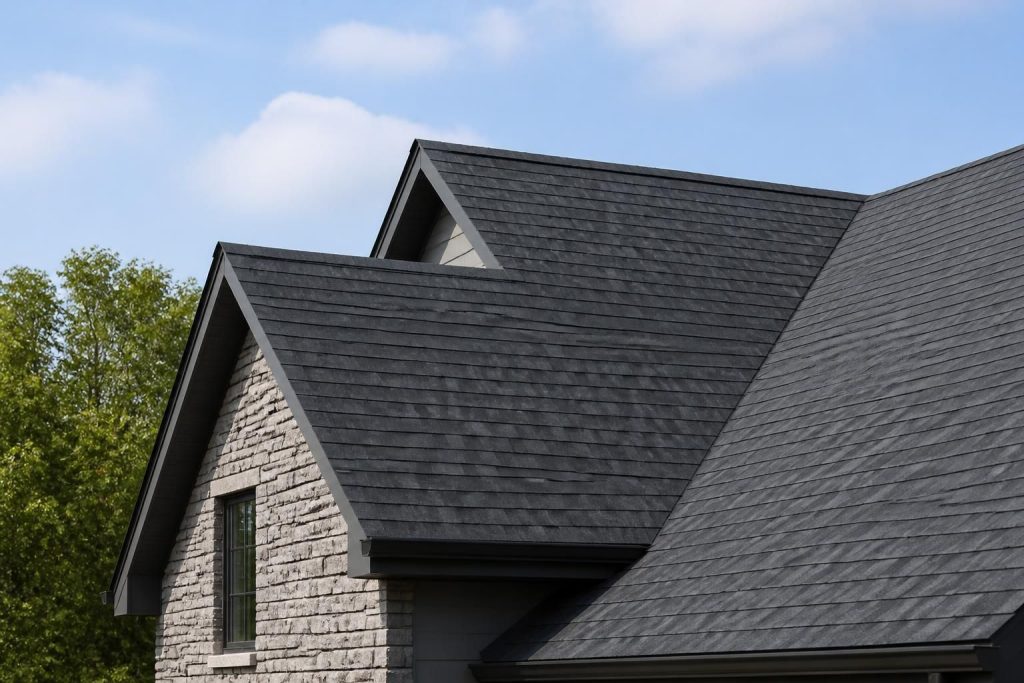 Wide view of a newly installed residential roof in natural daylight.