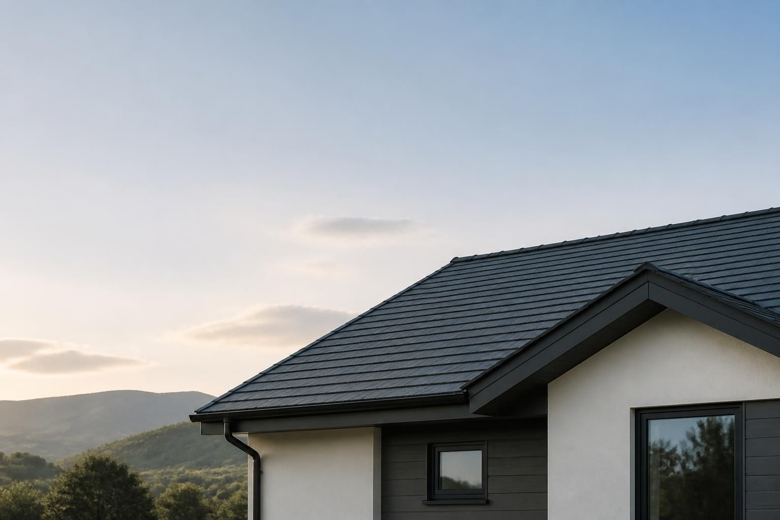 Modern home with a finished roof and open sky space.
