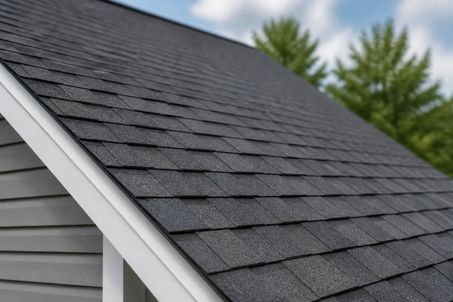 Layered asphalt shingles on a finished roof installation.