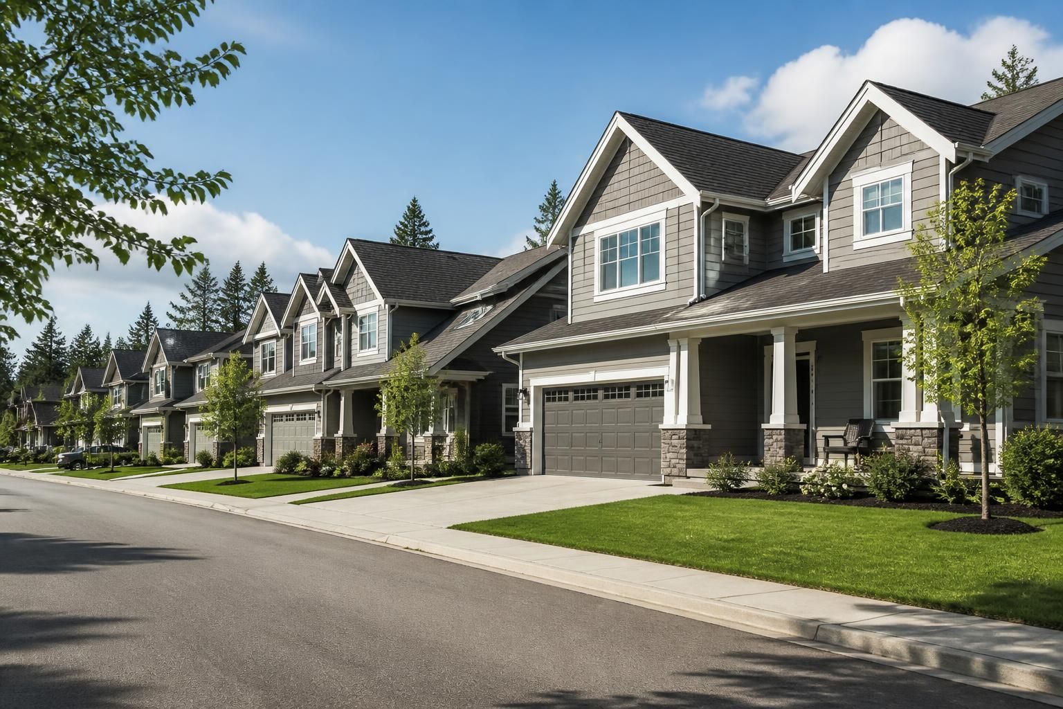 Family neighborhood with orderly homes and rooflines.